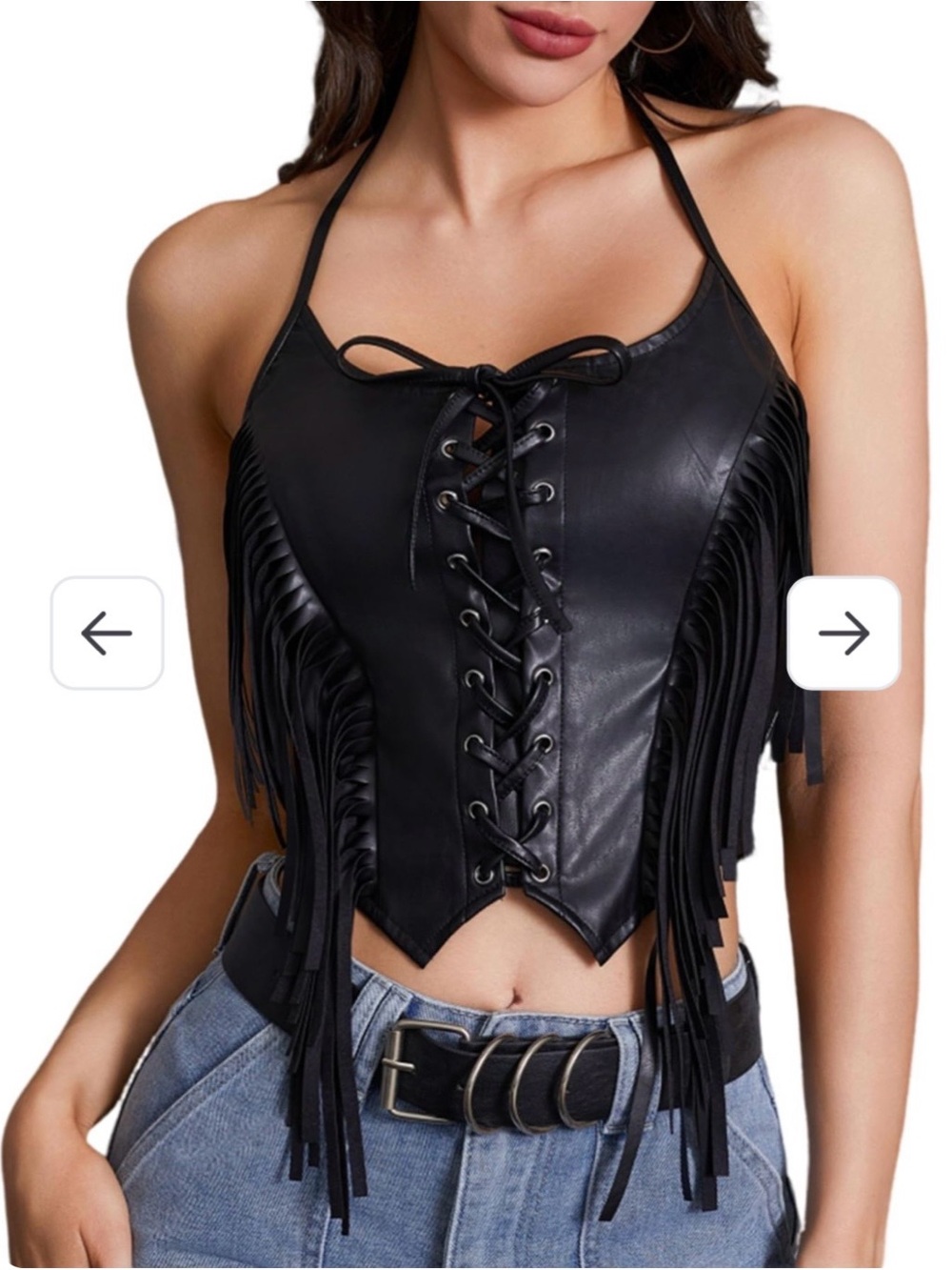 Black Lace-Up Fringe Halter Crop Top